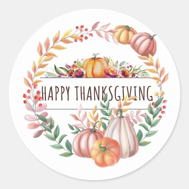 Happy Thanksgiving leafy pumpkin wreath Classic Round Sticker (Front)