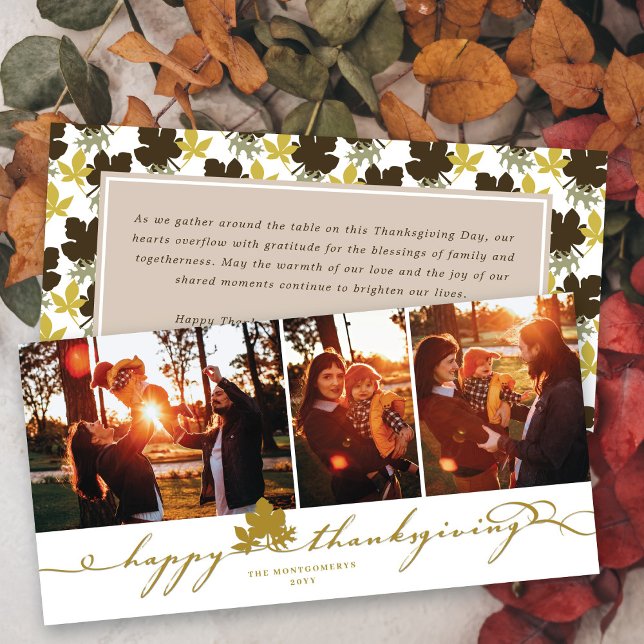 Happy Thanksgiving Leaves Simple Flourish 3 Photo Holiday Card (Creator Uploaded)