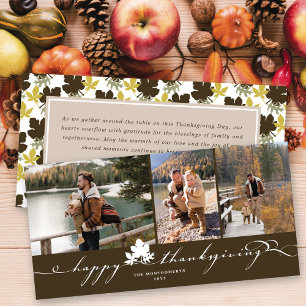 Happy Thanksgiving Leaves Simple Flourish 3 Photo Holiday Card