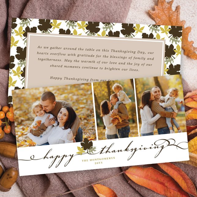 Happy Thanksgiving Leaves Simple Flourish 3 Photo Holiday Card (Creator Uploaded)