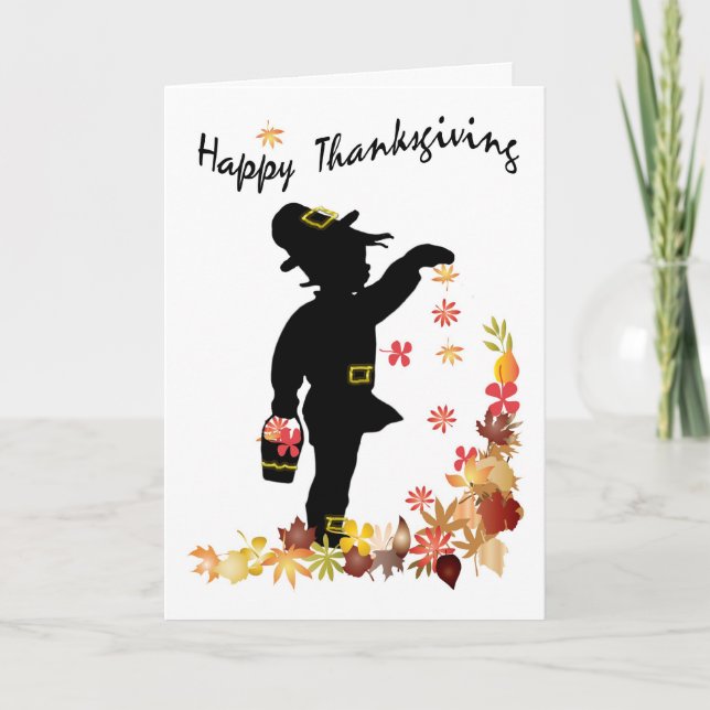 Happy Thanksgiving, Little Boy Scattering Leaves - Holiday Card (Front)