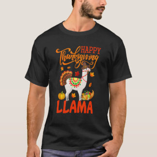 Happy Thanksgiving Llama Costume Turkey Fall Leave T-Shirt