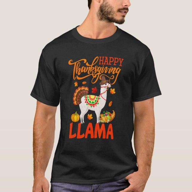 Happy Thanksgiving Llama Costume Turkey Fall Leave T-Shirt (Front)