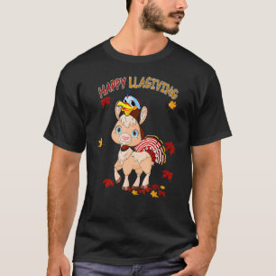 Happy Thanksgiving Llama Fall Leaves Llama Turkey T-Shirt