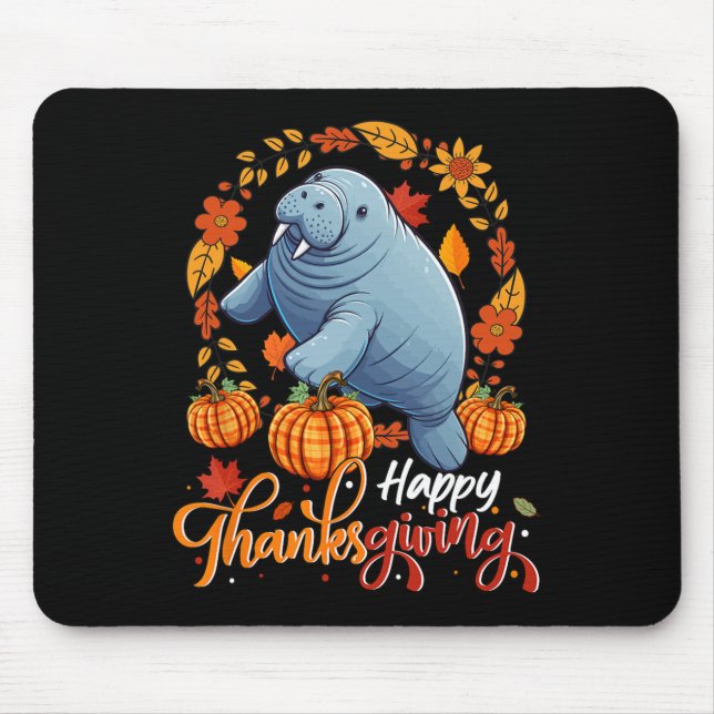 Happy Thanksgiving Manatee In Leaves Pumpkins Flor Mouse Mat (Front)