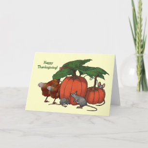 Happy Thanksgiving! Mice, pumpkins, chickens, Art Holiday Card