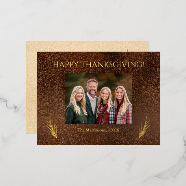 Happy Thanksgiving Modern Family Photo Foil Holiday Postcard (Front/Back)