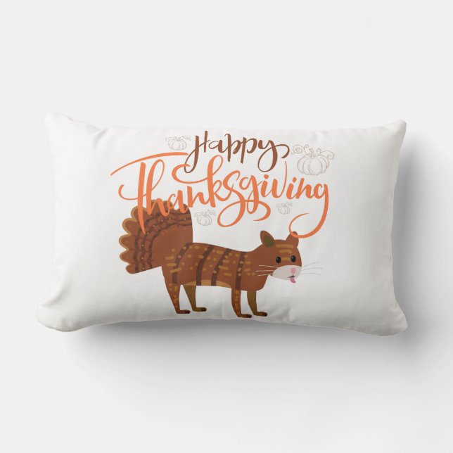 Happy Thanksgiving Modern Fun Cat Turkey Lumbar Cushion (Front)