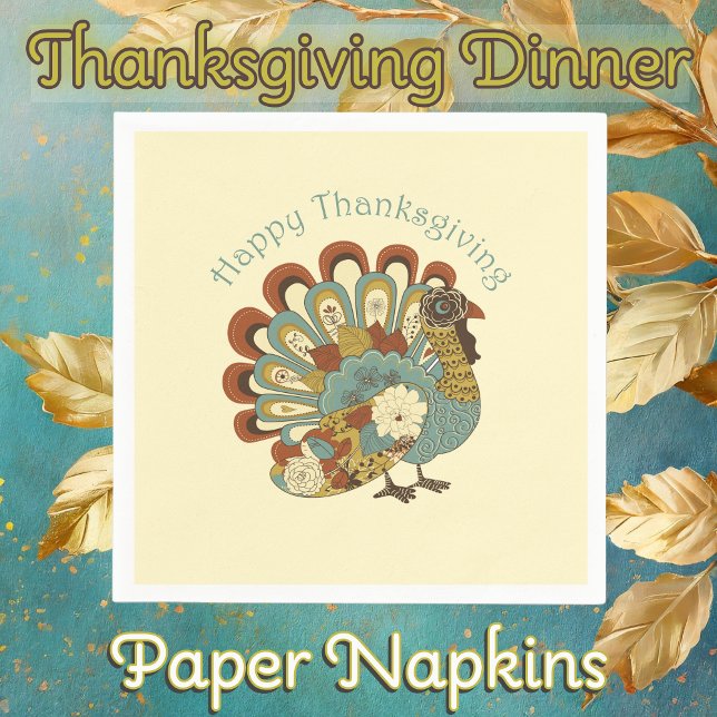 Happy Thanksgiving Modern Muted Fall Turkey  Napkin (Thanksgiving Dinner Paper Napkins with Muted Fall Colored Turkey)