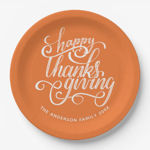 Happy Thanksgiving Modern Script Harvest Orange Paper Plate