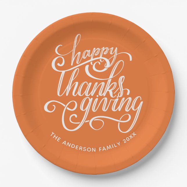 Happy Thanksgiving Modern Script Harvest Orange Paper Plate (Front)