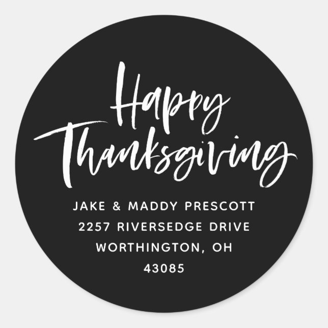 Happy Thanksgiving modern script return address Classic Round Sticker (Front)