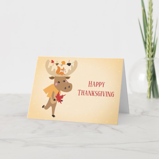 Happy Thanksgiving Moose Squirrel Colourful Card (Front)