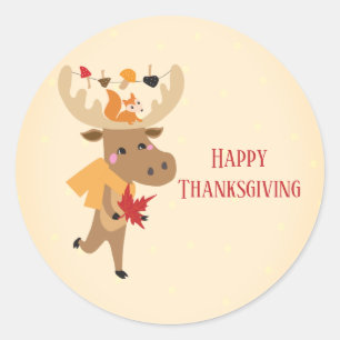 Happy Thanksgiving Moose Squirrel Colourful Classic Round Sticker