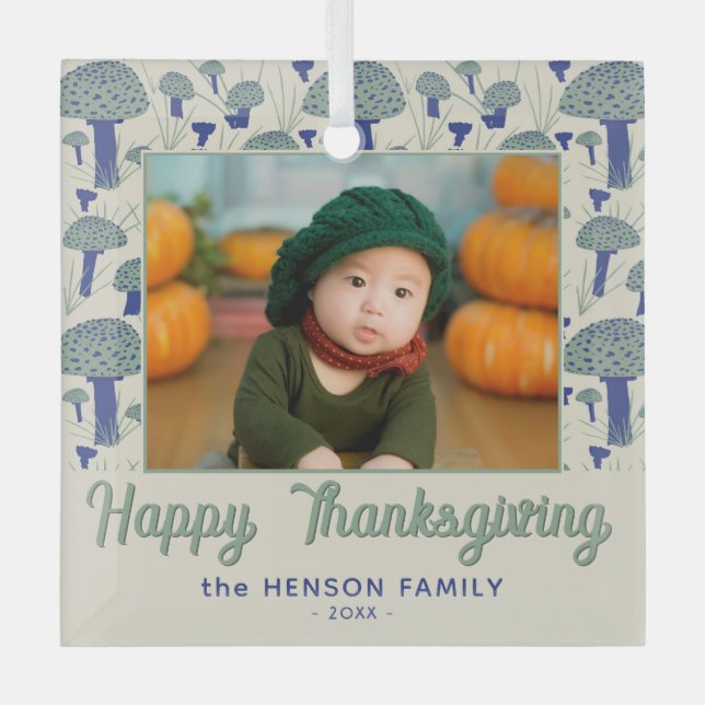 Happy Thanksgiving Mushroom Fall Photo Glass Tree Decoration (Front)