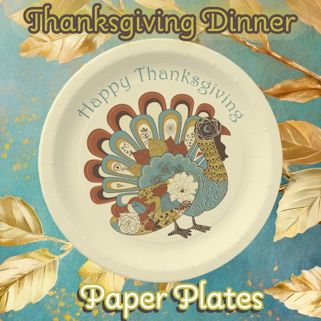 Happy Thanksgiving Muted Colour Turkey Paper Plate (Thanksgiving Dinner Paper plates with a cute modern muted fall colored turkey)