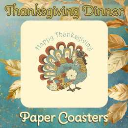 Happy Thanksgiving Muted Fall Coloured Turkey Square Paper Coaster
