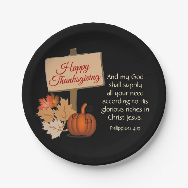 HAPPY THANKSGIVING My God Shall Supply BLACK Paper Plate (Front)