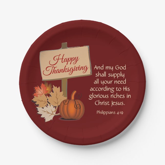 HAPPY THANKSGIVING My God Shall Supply BURGUNDY Paper Plate (Front)