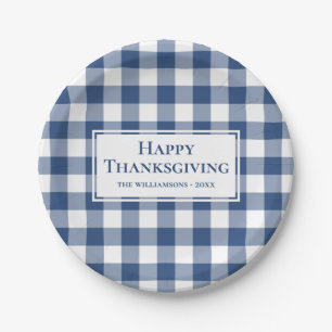 Happy Thanksgiving Name Blue White Gingham Plaid Paper Plate