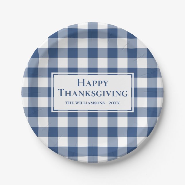 Happy Thanksgiving Name Blue White Gingham Plaid Paper Plate (Front)