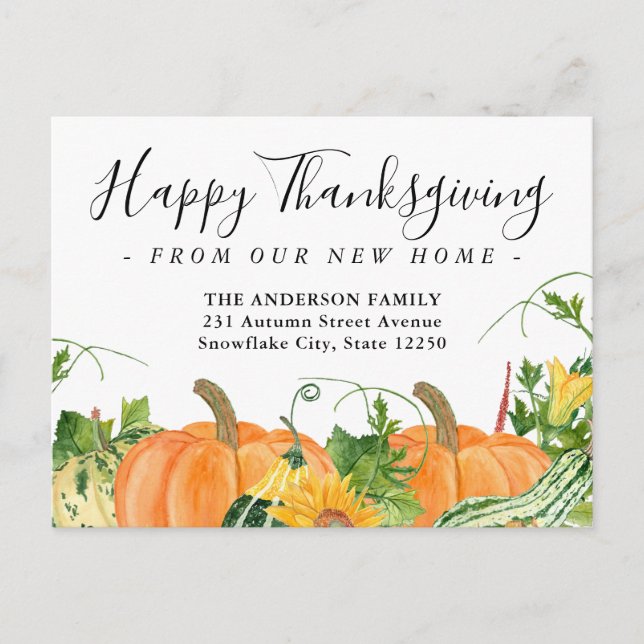 Happy Thanksgiving New Home Pumpkin Holiday Moving Announcement Postcard (Front)