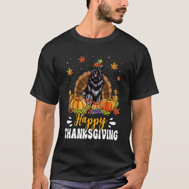 Happy Thanksgiving Newfoundland Dog Turkey Pumpkin T-Shirt (Front)