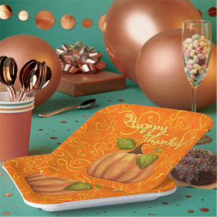 Happy Thanksgiving Orange and Yellow Swirls Square Paper Plate