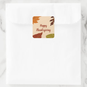 Happy Thanksgiving Orange Brown Green Fall Leaves Square Sticker