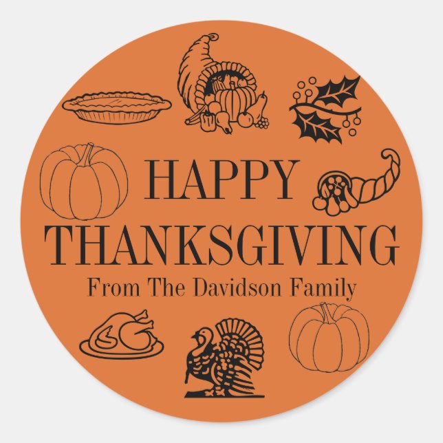 Happy Thanksgiving orange custom name cute favour Classic Round Sticker (Front)