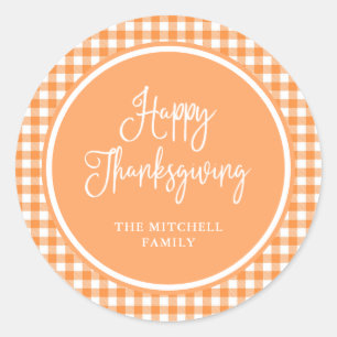 Happy Thanksgiving   Orange Gingham Classic Round Sticker