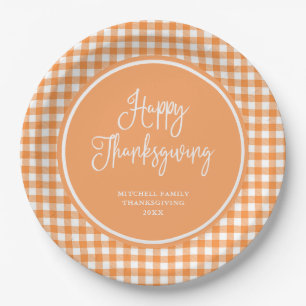 Happy Thanksgiving   Orange Gingham Paper Plate