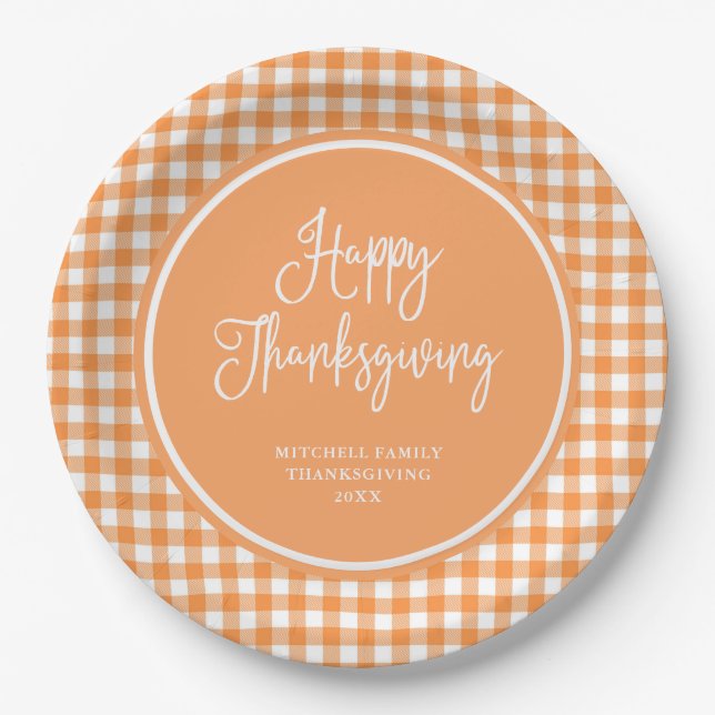 Happy Thanksgiving | Orange Gingham Paper Plate (Front)