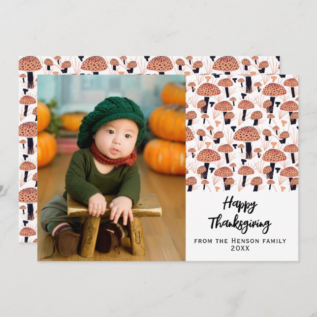 Happy Thanksgiving Orange Mushroom Fall Photo Holiday Card (Front/Back)