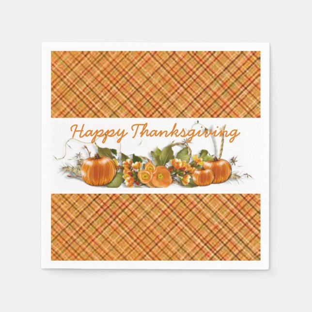 Happy Thanksgiving Orange Plaid Napkins (Front)