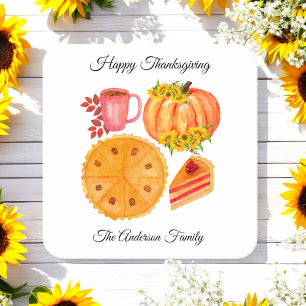Happy Thanksgiving Orange Pumpkin Spice Latte Square Paper Coaster