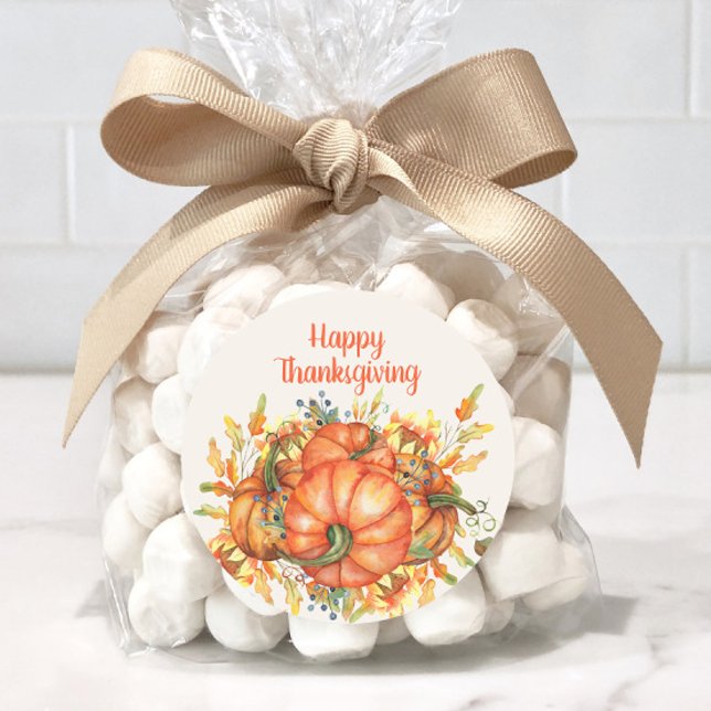 Happy Thanksgiving Orange Pumpkins Fall Leaves Classic Round Sticker (Watercolor pumpkins "Happy Thanksgiving" sticker)