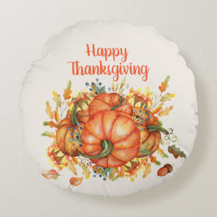 Happy Thanksgiving Orange Pumpkins Fall Leaves  Round Cushion