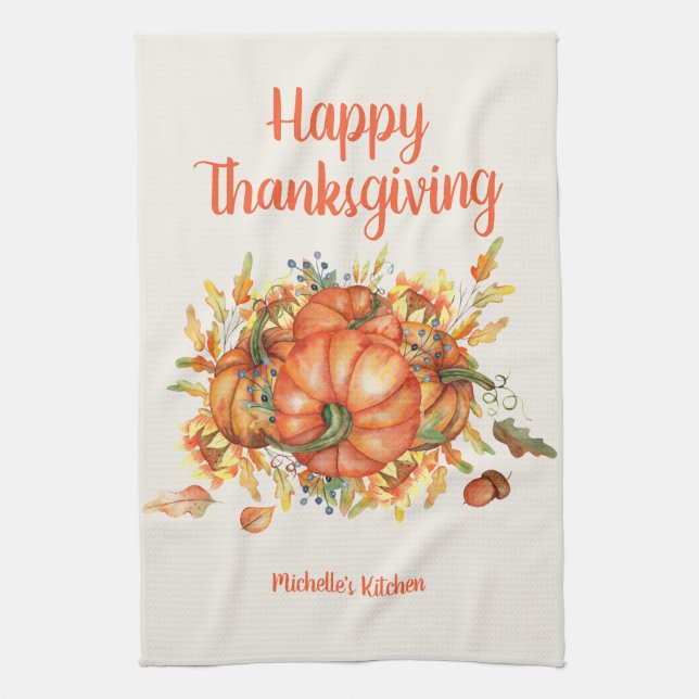 Happy Thanksgiving Orange Pumpkins Fall Leaves  Tea Towel (Vertical)