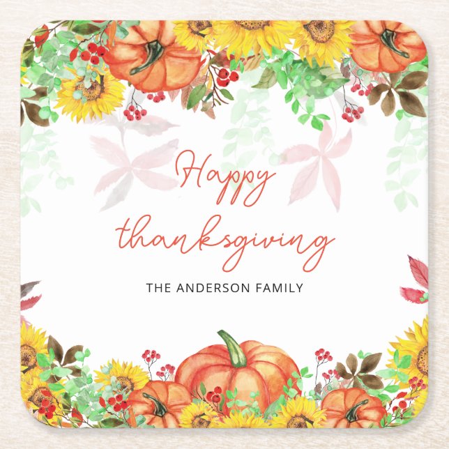 Happy Thanksgiving Orange Pumpkins Square Paper Coaster (Front)
