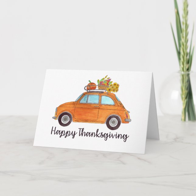 Happy Thanksgiving Orange Retro Fiat 500 Card (Front)