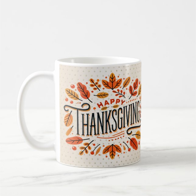 Happy Thanksgiving Orange Yellow Fall Leaves Coffee Mug (Left)