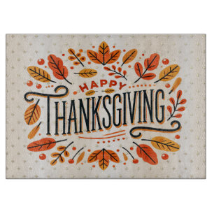 Happy Thanksgiving Orange Yellow Fall Leaves Cutting Board