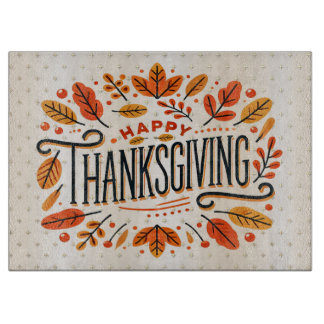 Happy Thanksgiving Orange Yellow Fall Leaves Cutting Board