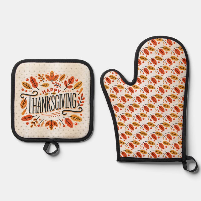 Happy Thanksgiving Orange Yellow Fall Leaves Oven Mitt & Pot Holder Set (Front)
