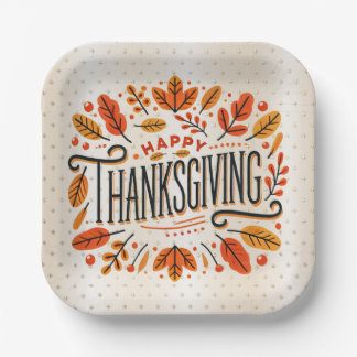 Happy Thanksgiving Orange Yellow Fall Leaves Paper Plate