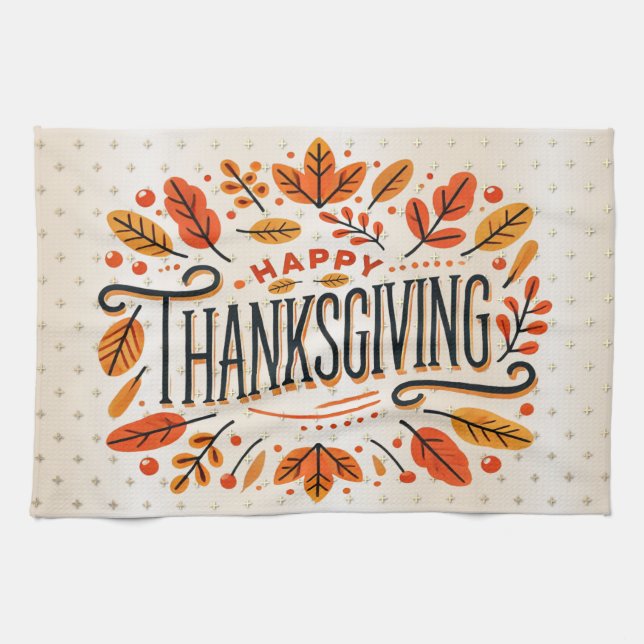 Happy Thanksgiving Orange Yellow Fall Leaves Tea Towel (Horizontal)