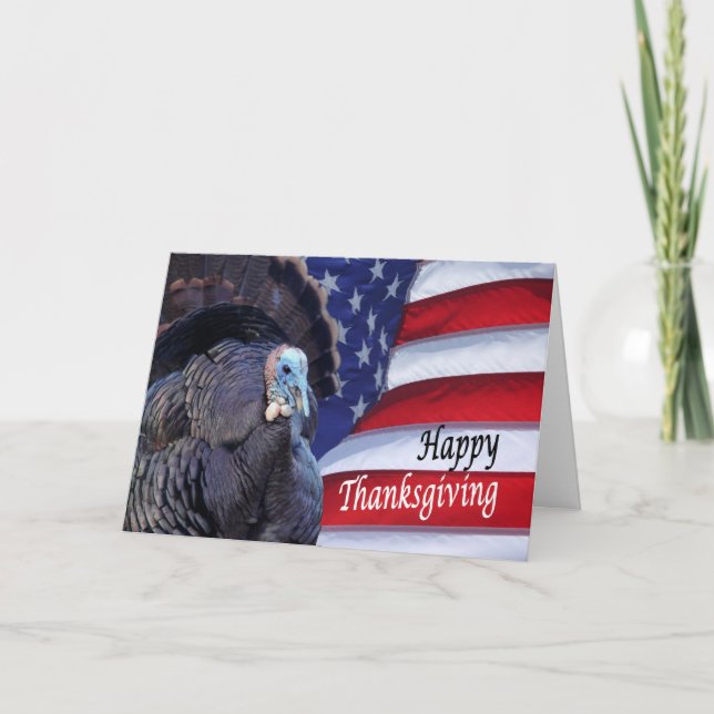 Happy Thanksgiving patriotic turkey waving America Holiday Card (Front)