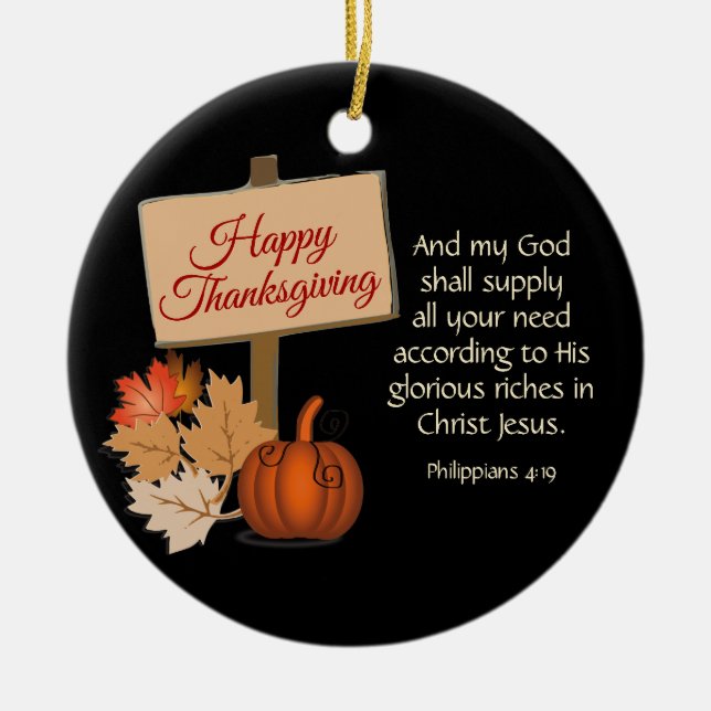 HAPPY THANKSGIVING Philippians 4:19 Custom BLACK Ceramic Tree Decoration (Front)
