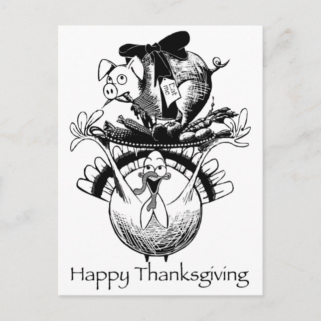Happy Thanksgiving Pig and Turkey Holiday Postcard (Front)